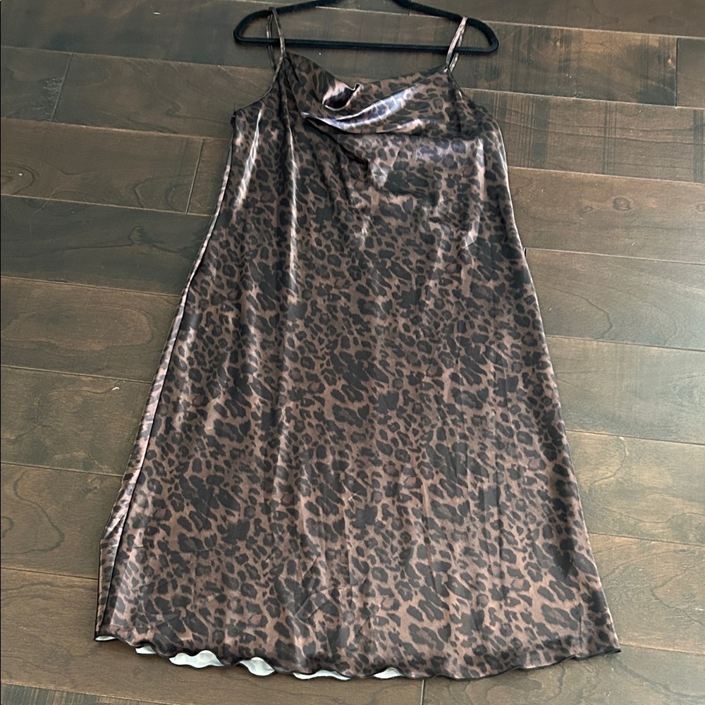 bebe Brown Leopard Satin Slip Midi Dress - Picture 2 of 4